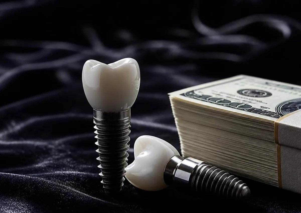 Dental implants displayed beside money to represent affordable dental implant costs and treatment options.