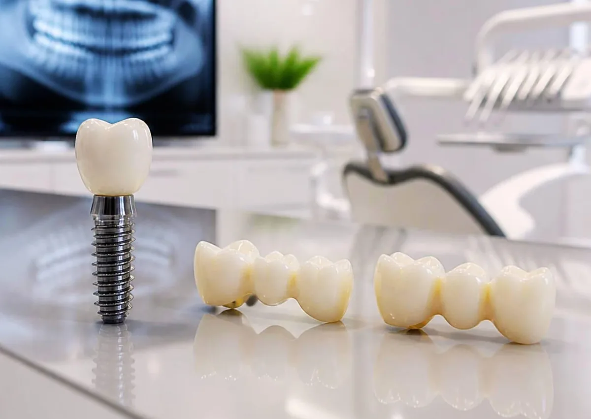 Dental implant and dental bridge restorations displayed in a dental office.